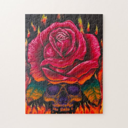 Up in Flames _ Skull Rose  Flames Art Puzzle