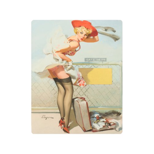 Up in the air vintage pinup girl metal print