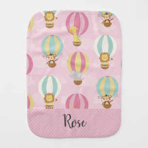 Up n away! Pink Cute Animals in hot air balloons Baby Burp Cloth