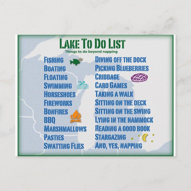 Up North Lake "To Do" List - Michigan & Wisconsin Postcard (Front)