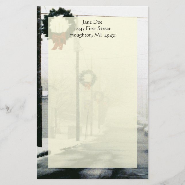 Up North Winter Streets Wreath Snow Stationery (Front)