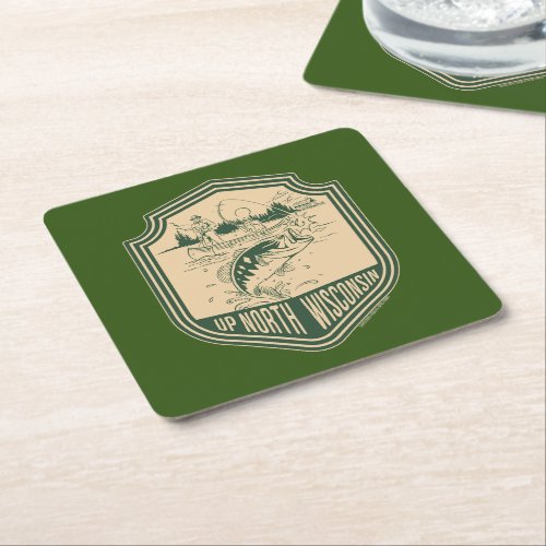 Up North Wisconsin Fishing Badge Square Paper Coaster