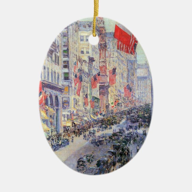 Up the Avenue from 34th Street, May 1917 by Hassam Ceramic Ornament (Front)