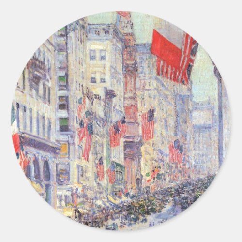 Up the Avenue from 34th Street May 1917 by Hassam Classic Round Sticker