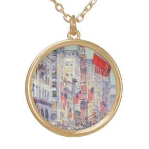 Up the Avenue from 34th Street, May 1917 by Hassam Gold Plated Necklace