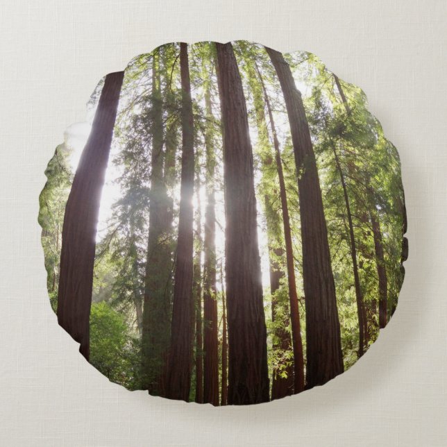 Up to Redwoods in the Morning Round Pillow (Front)