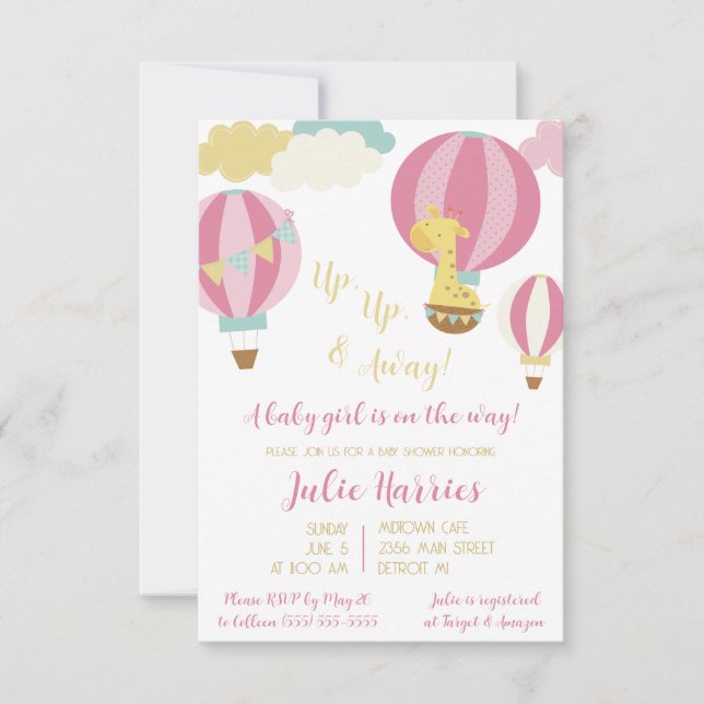 Up, Up, and Away!  A baby girl is on the way! Invitation (Front)
