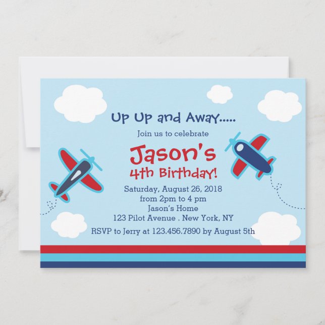Up UP and Away Aeroplane Birthday Party I Invitation (Front)
