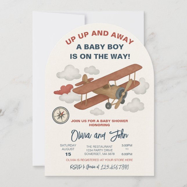 Up Up and Away Airplane Baby Shower Invitation (Front)