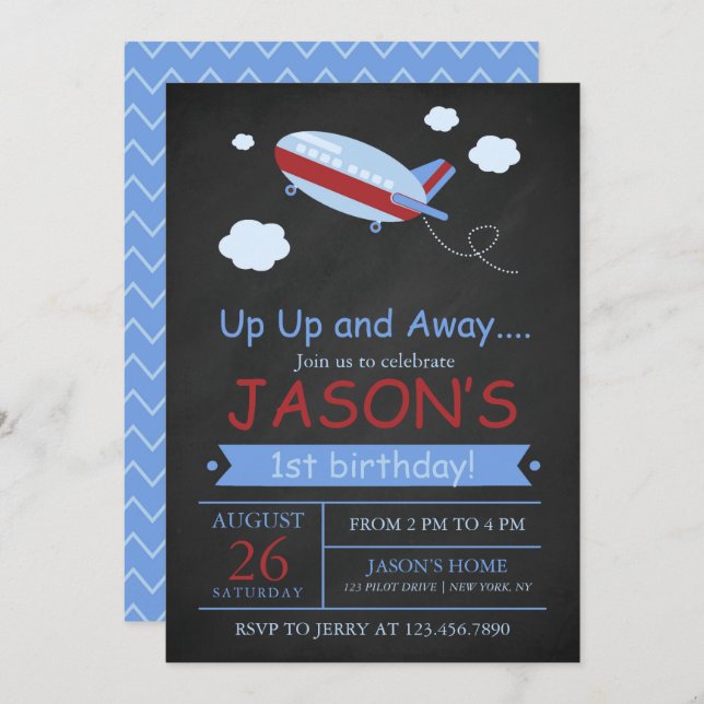 Up Up and Away Airplane Chalkboard Birthday Party Invitation (Front/Back)
