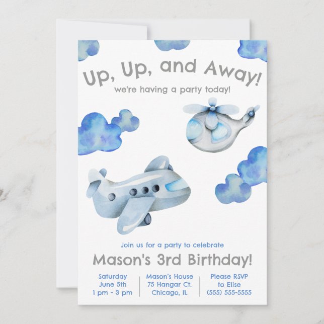 Up, Up and Away! Airplane, Helicopter Birthday Invitation (Front)