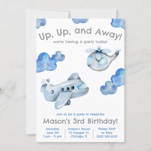 Up Up and Away Airplane Helicopter Birthday Invitation