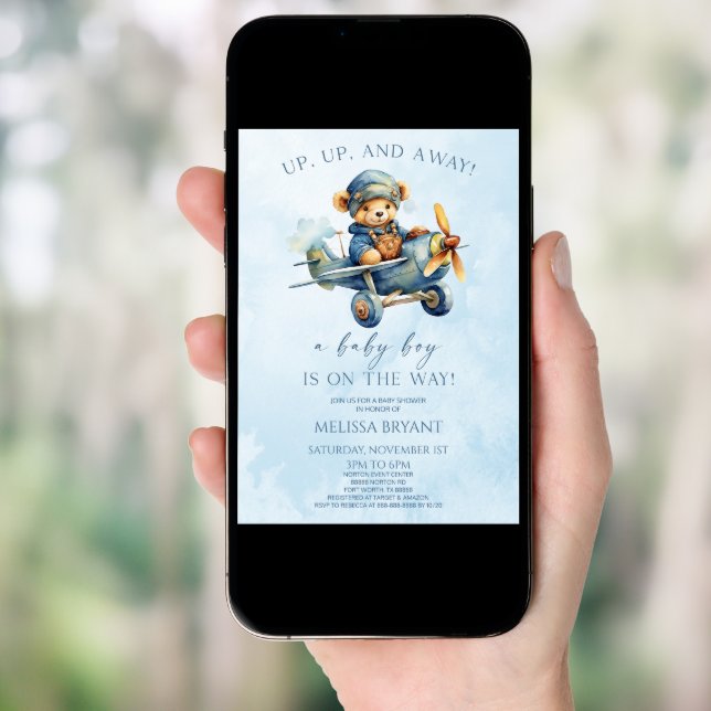 Up Up and Away! Airplane Teddy Bear Baby Shower  Invitation (Front Digital)