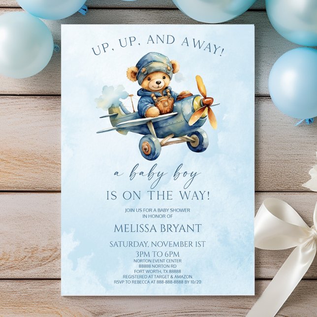 Up Up and Away! Airplane Teddy Bear Baby Shower  Invitation (Creator Uploaded)