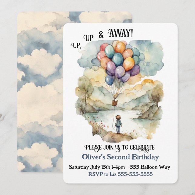 Up, Up and Away Balloon Birthday Invitation (Front/Back)
