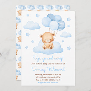 Up Up and Away Blue Balloon Boy Baby Shower Invitation