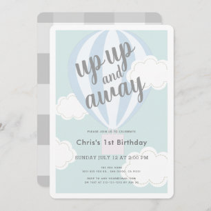 Up Up and Away Blue Hot Air Balloon 1st Birthday Invitation