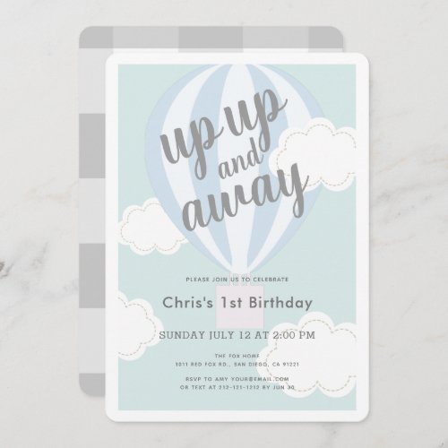 Up Up and Away Blue Hot Air Balloon 1st Birthday Invitation