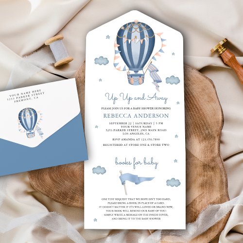 Up Up and Away Blue Hot Air Balloon Baby Shower All In One Invitation