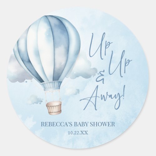 Up Up and Away Blue Hot Air Balloon Baby Shower Classic Round Sticker