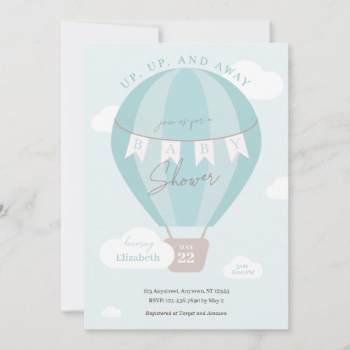 Up Up and Away Blue Hot Air Balloon Baby Shower Invitation