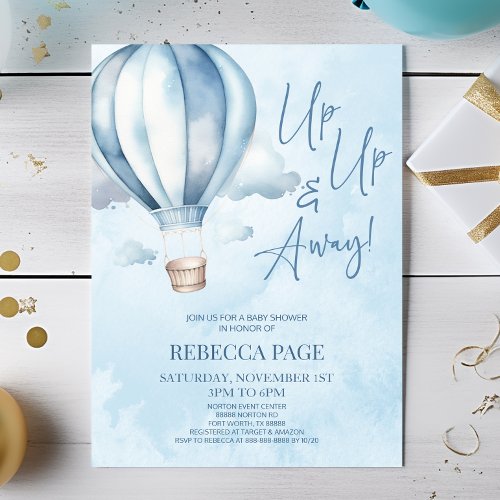 Up Up and Away Blue Hot Air Balloon Baby Shower Invitation