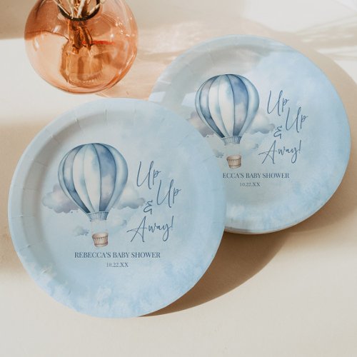 Up Up and Away Blue Hot Air Balloon Baby Shower Paper Plates