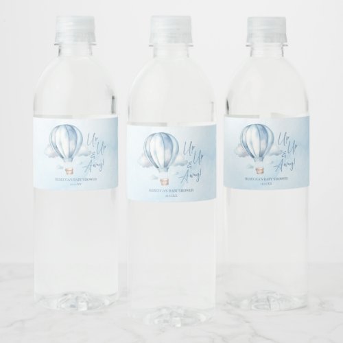 Up Up and Away Blue Hot Air Balloon Baby Shower Water Bottle Label