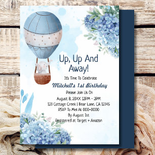 Up up and away boy hot air balloon elephant invitation