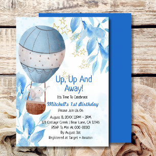 Up up and away boy hot air balloon elephant invitation
