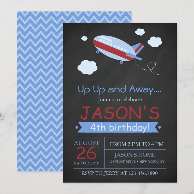 Up up and away cute airplane chalkboard birthday invitation (Front/Back)
