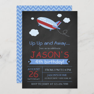 Up up and away cute airplane chalkboard birthday invitation