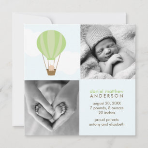 Up, Up and Away! Green Balloon Baby Announcements