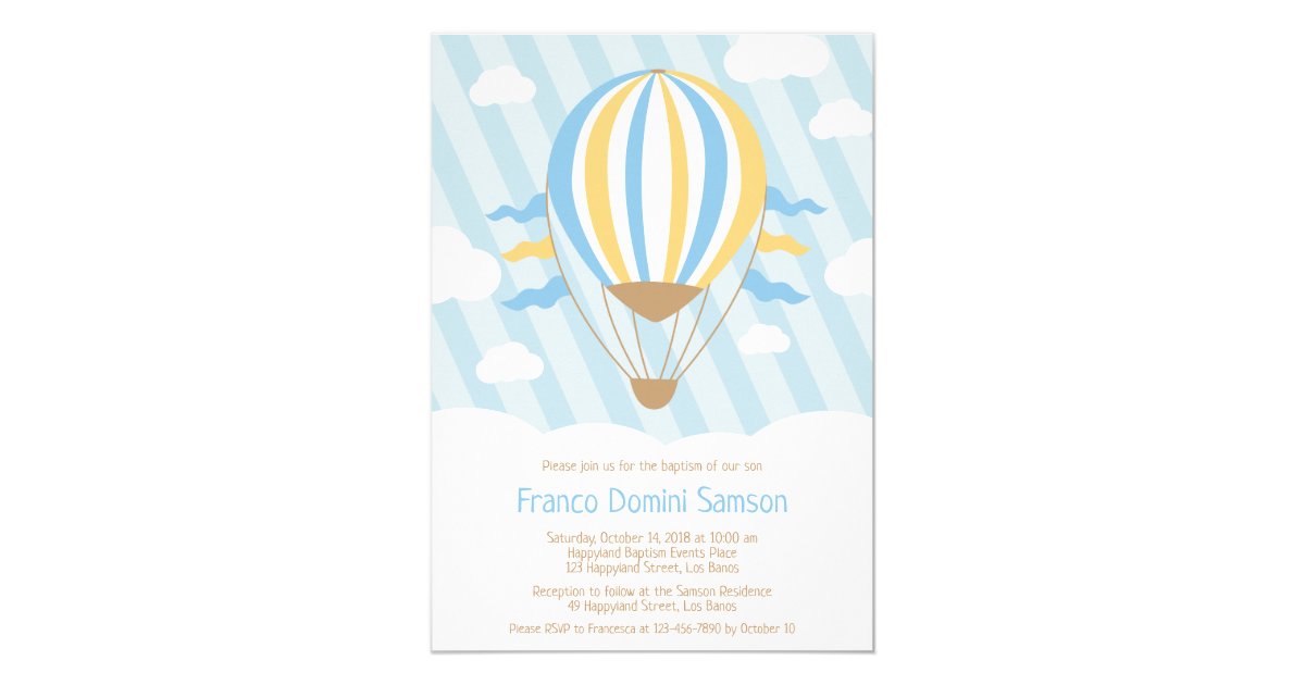 Up Up and Away Hot Air Balloon Baptism Invitation | Zazzle.com