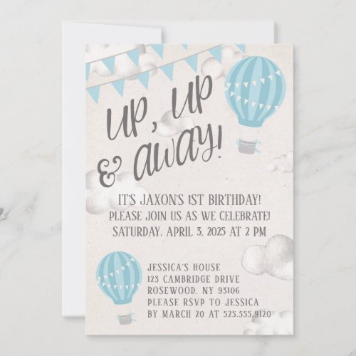 Up Up and Away Hot Air Balloon Birthday Party Invitation