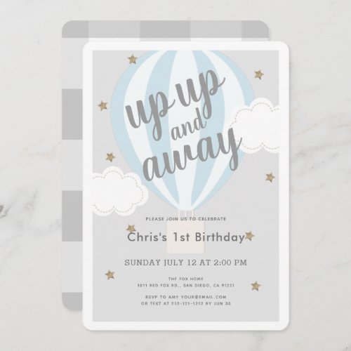 Up Up and Away Hot Air Balloon Blue 1st Birthday Invitation