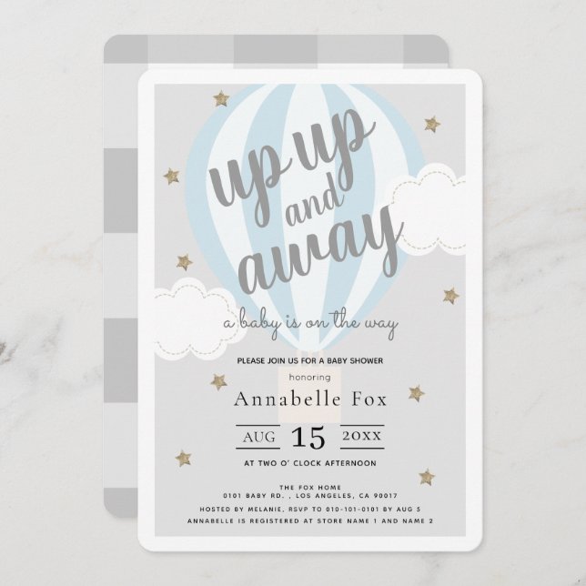 Up Up and Away Hot Air Balloon Blue Baby Shower Invitation (Front/Back)