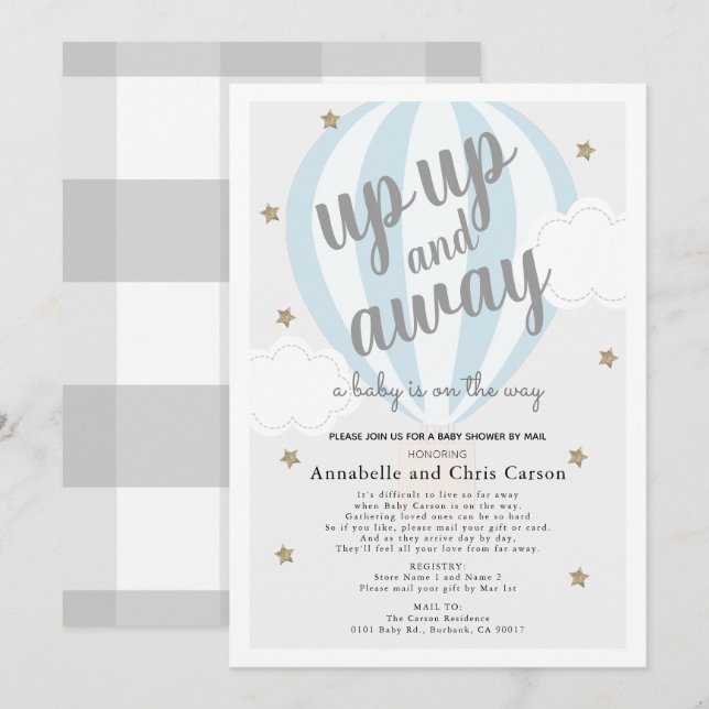 Up Up and Away Hot Air Balloon Blue Shower by Mail Invitation (Front/Back)