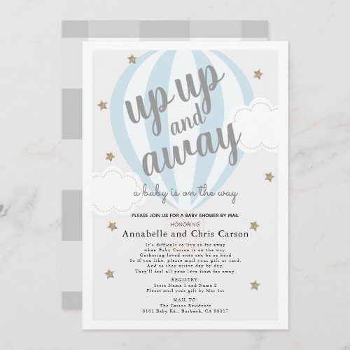 Up Up and Away Hot Air Balloon Blue Shower by Mail Invitation