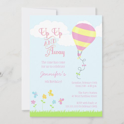Up up and away hot air balloon girl birthday party invitation