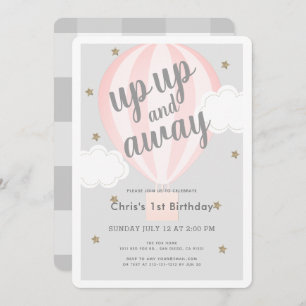 Up Up and Away Hot Air Balloon Pink 1st Birthday Invitation