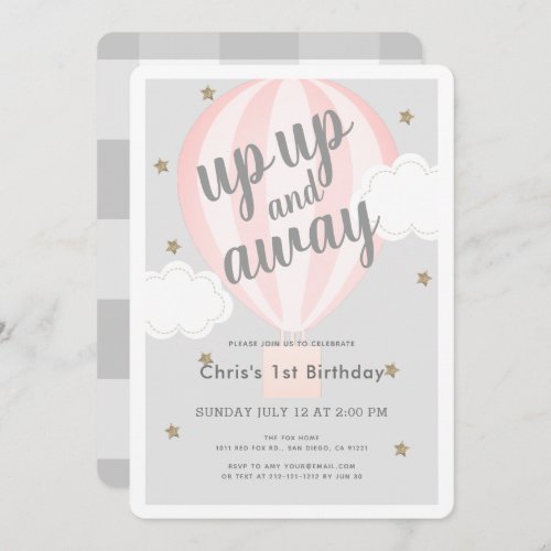 Up Up and Away Hot Air Balloon Pink 1st Birthday Invitation