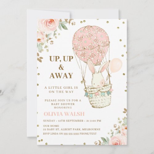 Up Up and Away Hot Air Balloon Pink Baby Shower In Invitation