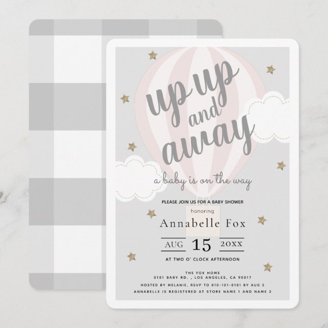 Up Up and Away Hot Air Balloon Pink Baby Shower Invitation (Front/Back)