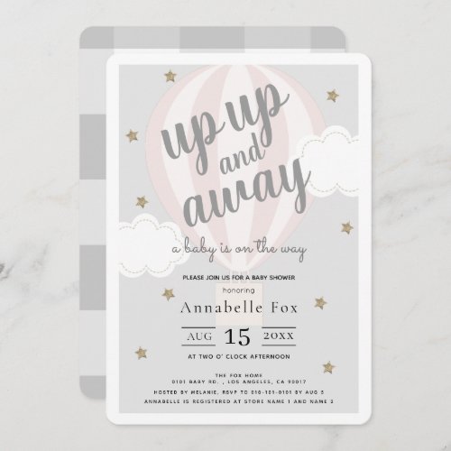 Up Up and Away Hot Air Balloon Pink Baby Shower Invitation
