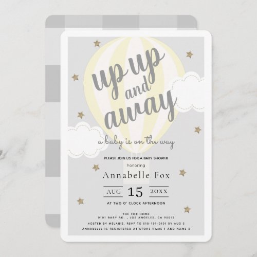 Up Up and Away Hot Air Balloon Yellow Baby Shower Invitation