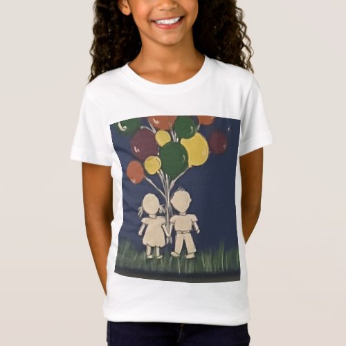 Up up and away kids holding balloons hand painted  T_Shirt
