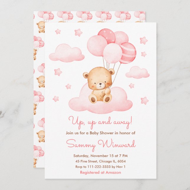 Up Up and Away Pink Balloon Girl Baby Shower Invitation (Front/Back)