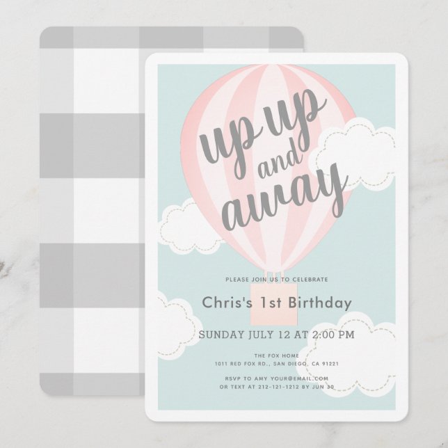 Up Up and Away Pink Hot Air Balloon 1st Birthday Invitation (Front/Back)