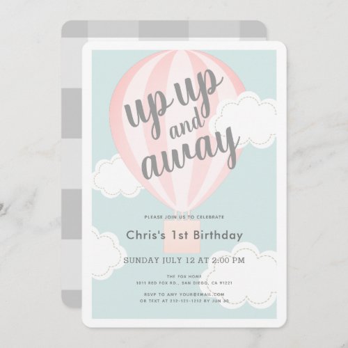 Up Up and Away Pink Hot Air Balloon 1st Birthday Invitation